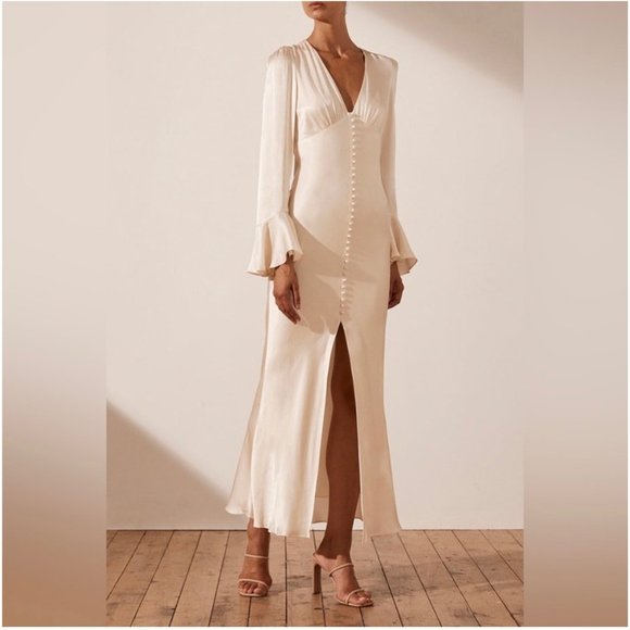 Shona Joy Dresses & Skirts - NWT Shona Joy La Lune Frill Cuff Bias Button Front Satin Midi Dress in Cream